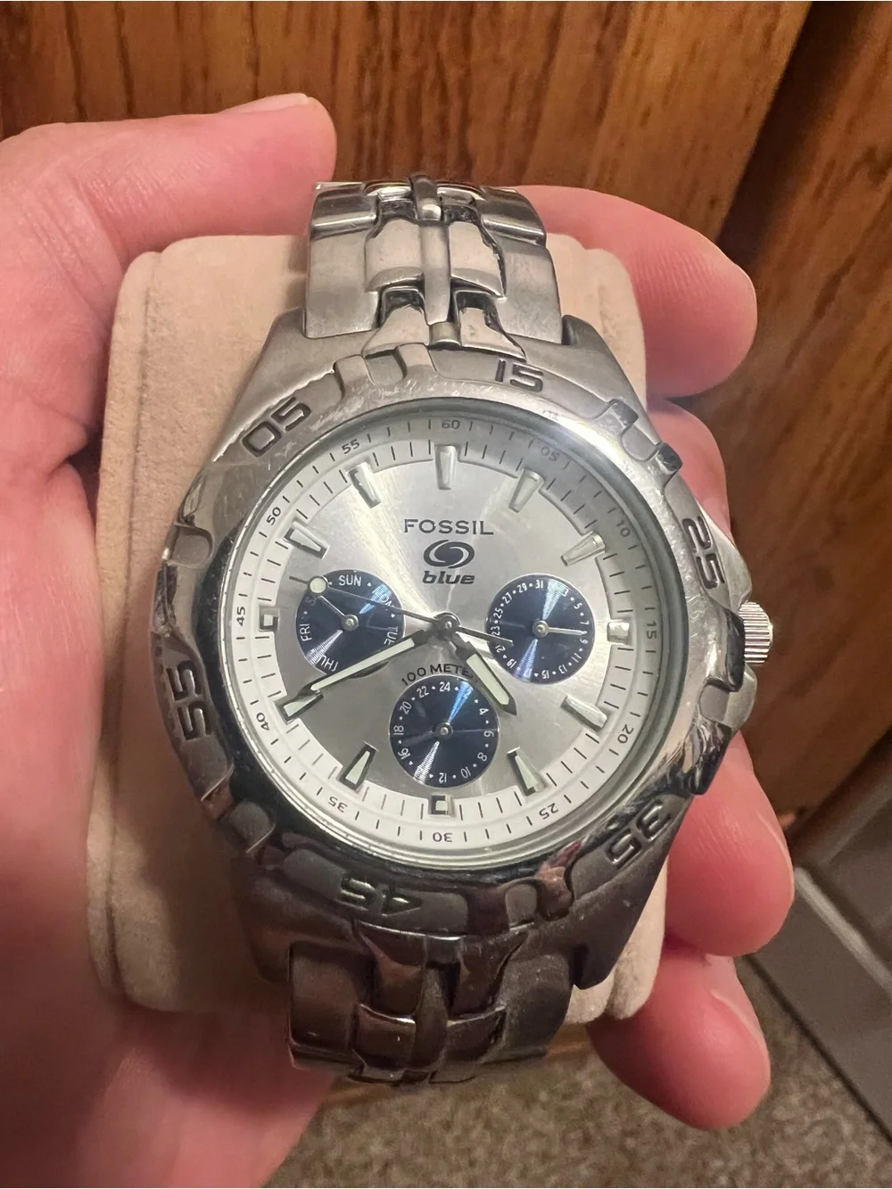 Fossil Silver Watch with Blue Subdials